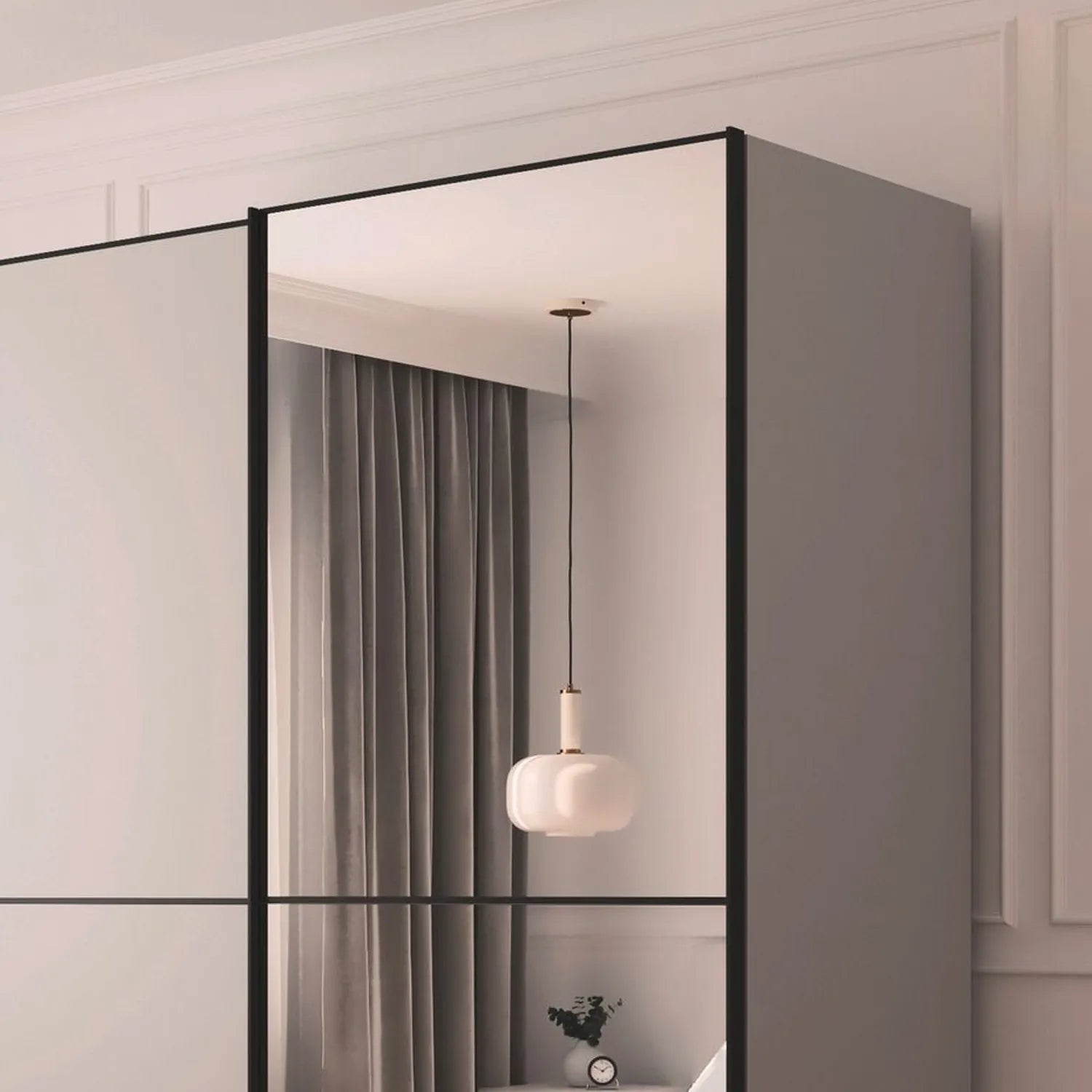 trim details of Supreme Duo Silk Grey 2 Door Sliding Wardrobe with Mirror with Black Trims and Door Handles