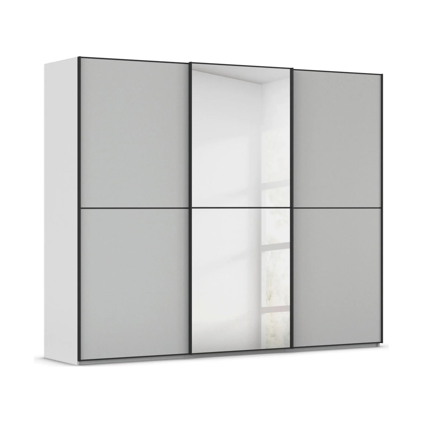Supreme Duo Silk Grey 3 Door Sliding Wardrobe with Mirror with Black Trims and Door Handles