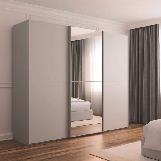 Supreme Duo Silk Grey 3 Door Sliding Wardrobe with Mirror - Styled in a Bedroom