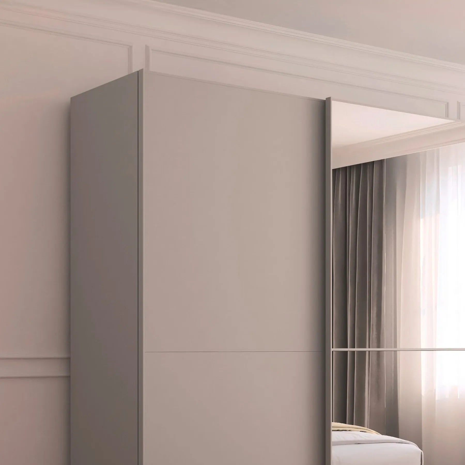 Supreme Duo Silk Grey 3 Door Sliding Wardrobe with Mirror - Side Closeup View