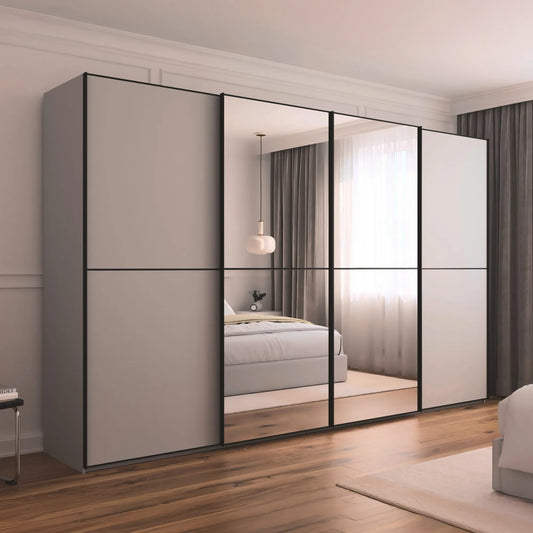 Supreme Duo Champagne 2 Door Sliding Wardrobe with Mirror with Black Trims and Door Handles by Rauch Black
