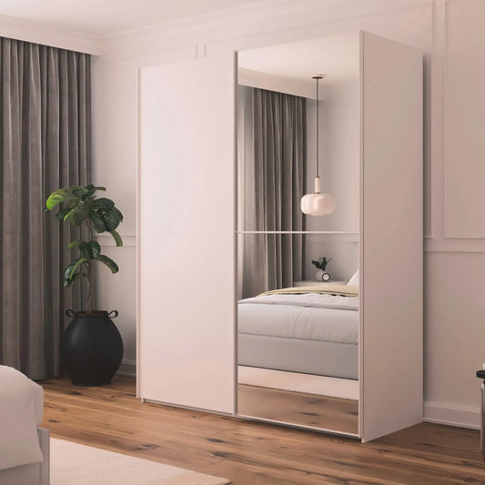 Supreme Duo White Glass & Mirror 2 Door Sliding Door Wardrobe in bedroom