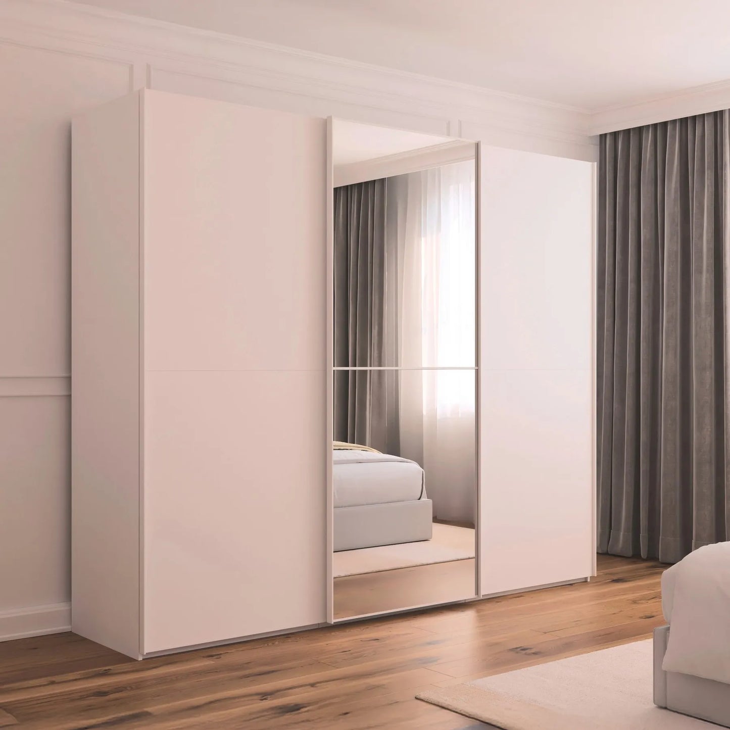 Supreme Duo White Glass & Mirror 3 Door Sliding Wardrobe in bedroom