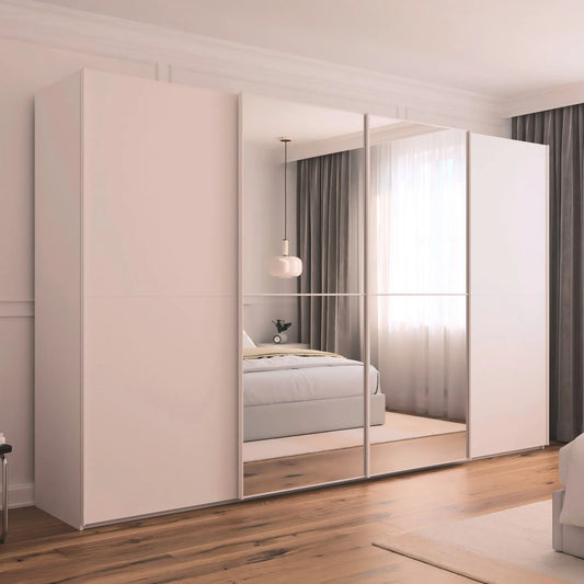 Supreme Duo White Glass & Mirror 4 Door Sliding Wardrobe - Styled in a Bedroom