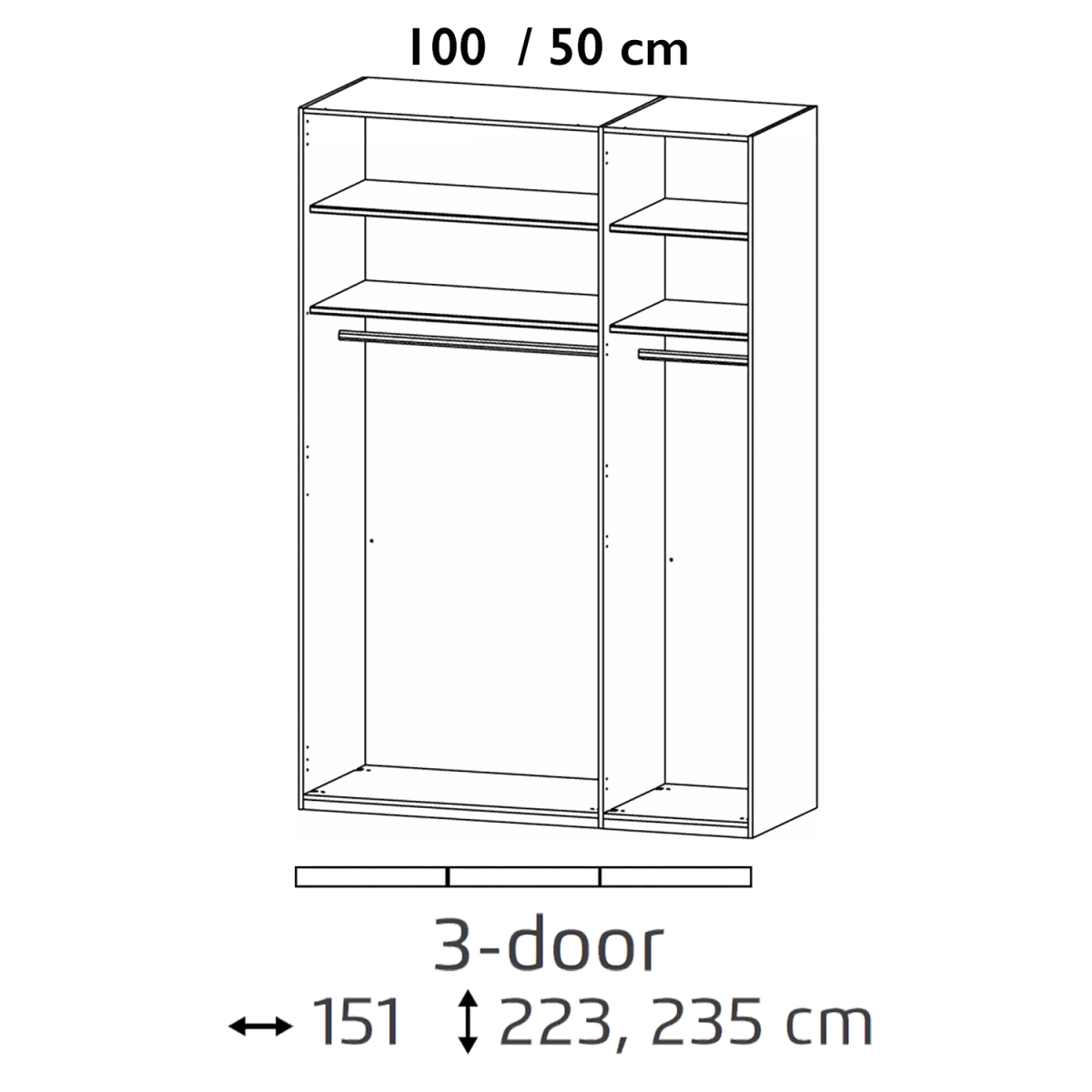Symphony 151cm Decor 3 Door Hinged Wardrobe - Interior view with Dimensions