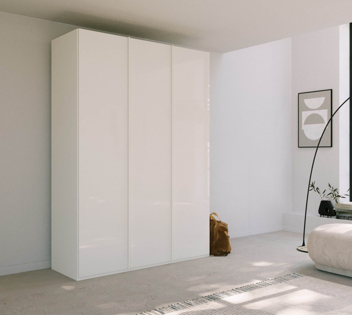 Symphony 151cm Glass 3 Door Wardrobe in White Glass - Styled in a Bedroom