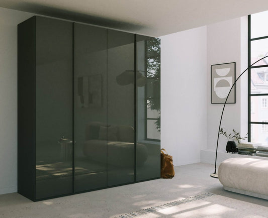 Symphony 201cm 4 Door Hinged Wardrobe in Basalt Glass - Styled in a Bedroom