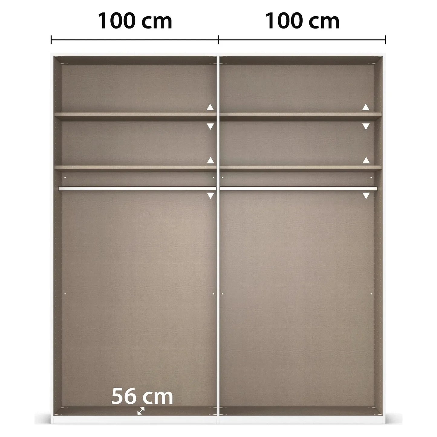 Symphony 201cm 4 Door Hinged Wardrobe in Basalt Glass - Interior view with Compartments Dimensions