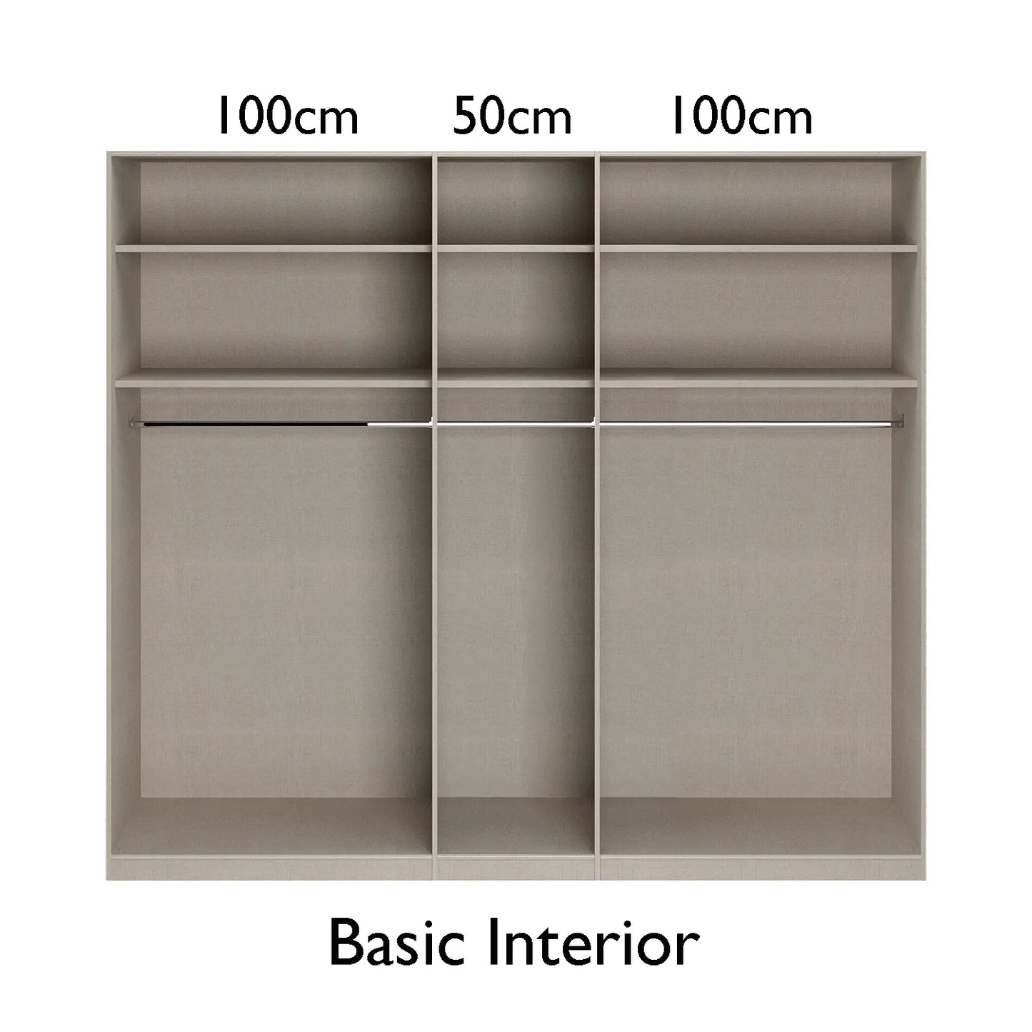 Symphony 251cm Decor 5 Door Hinged Wardrobe in Silk Grey - Interior view with Compartments Dimensions
