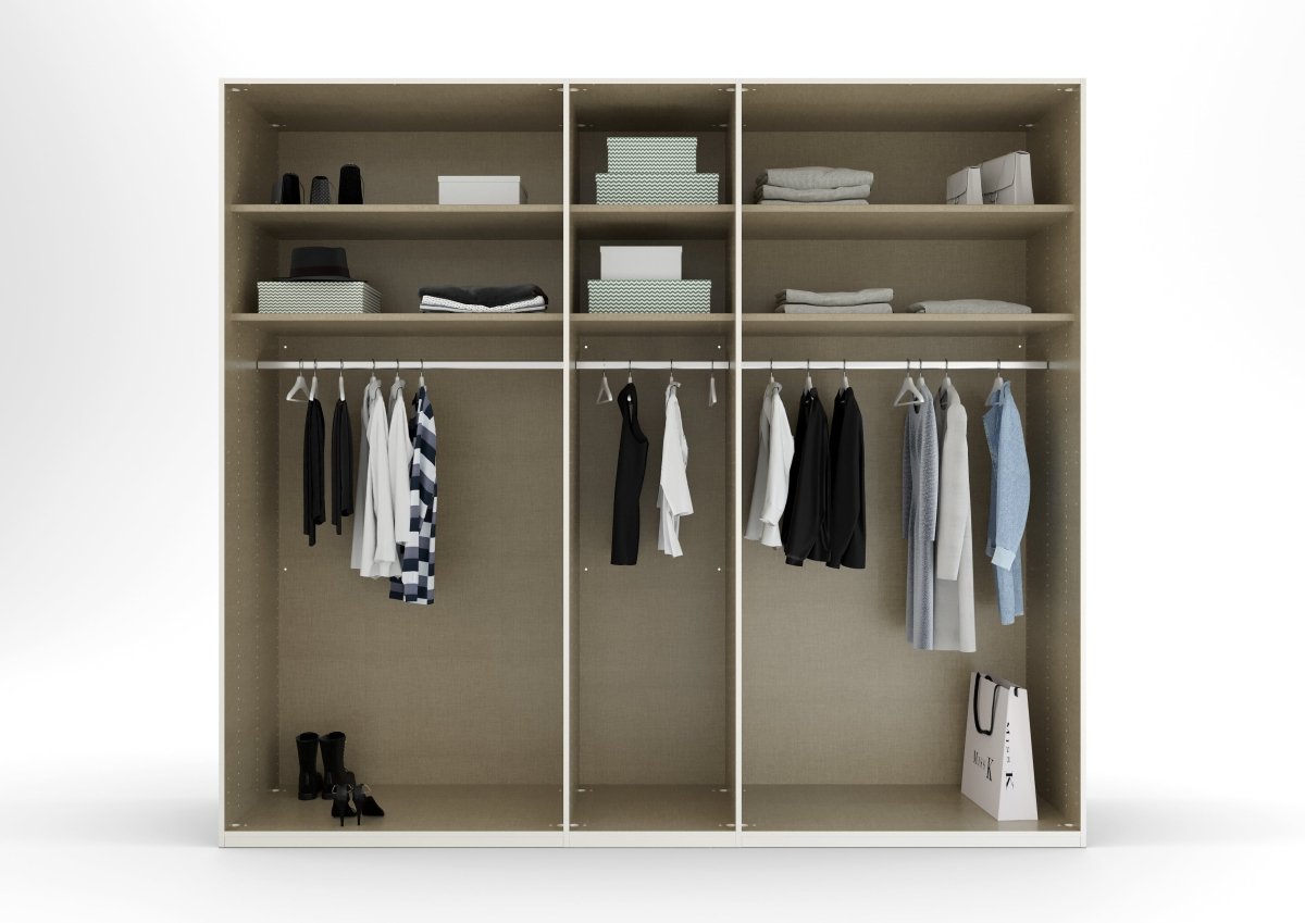 Symphony 251cm Large 5 Door Wardrobe in Silk Grey - Interior view Styled in a Living Room