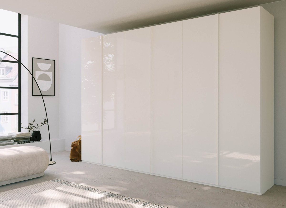 Symphony 301cm 6 Door Hinged Wardrobe in White Glass - Styled in a Bedroom