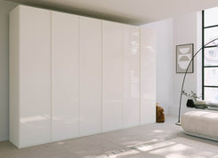 Symphony 301cm 6 Door Hinged Wardrobe in White Glass - Styled in a Bedroom