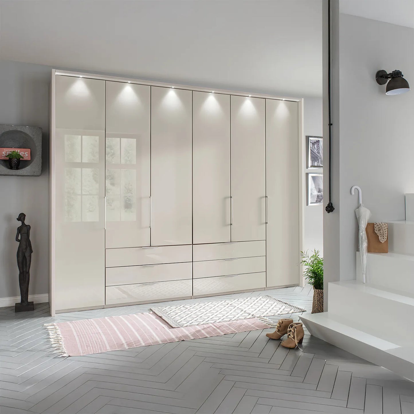 Templin 2000 Glass 6 Door 6 Drawer Wardrobe - W250cm - Styled in a Room With Lights In Frame