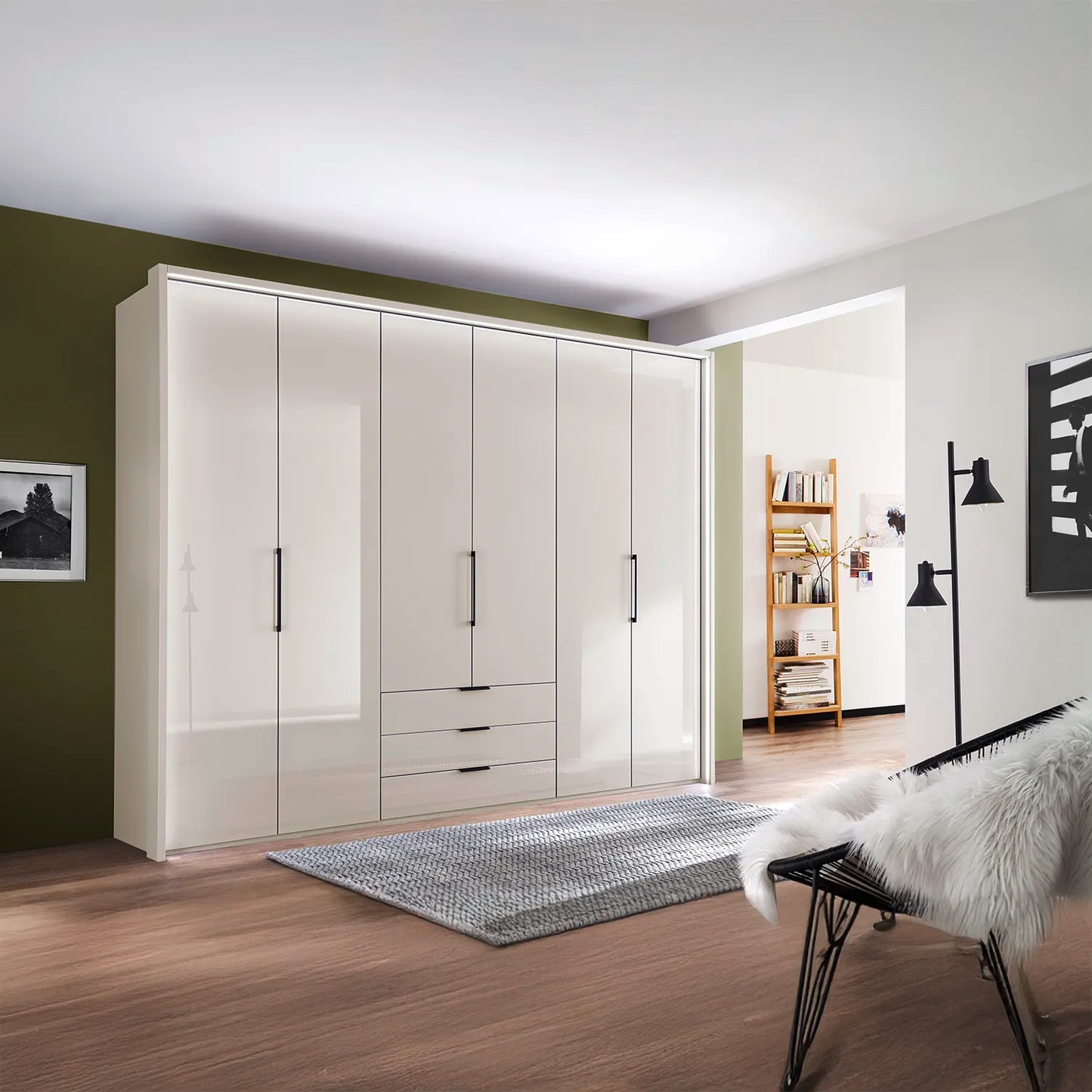Templin 2000 Champagne Glass 6 Door 3 Drawers 225cm Bifold Wardrobe - Styled in a Room