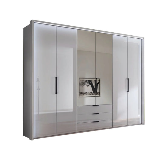 Templin 2000 Bifold Glass 6 Door 3 Drawer Wardrobe in Pebble Grey - 225cm