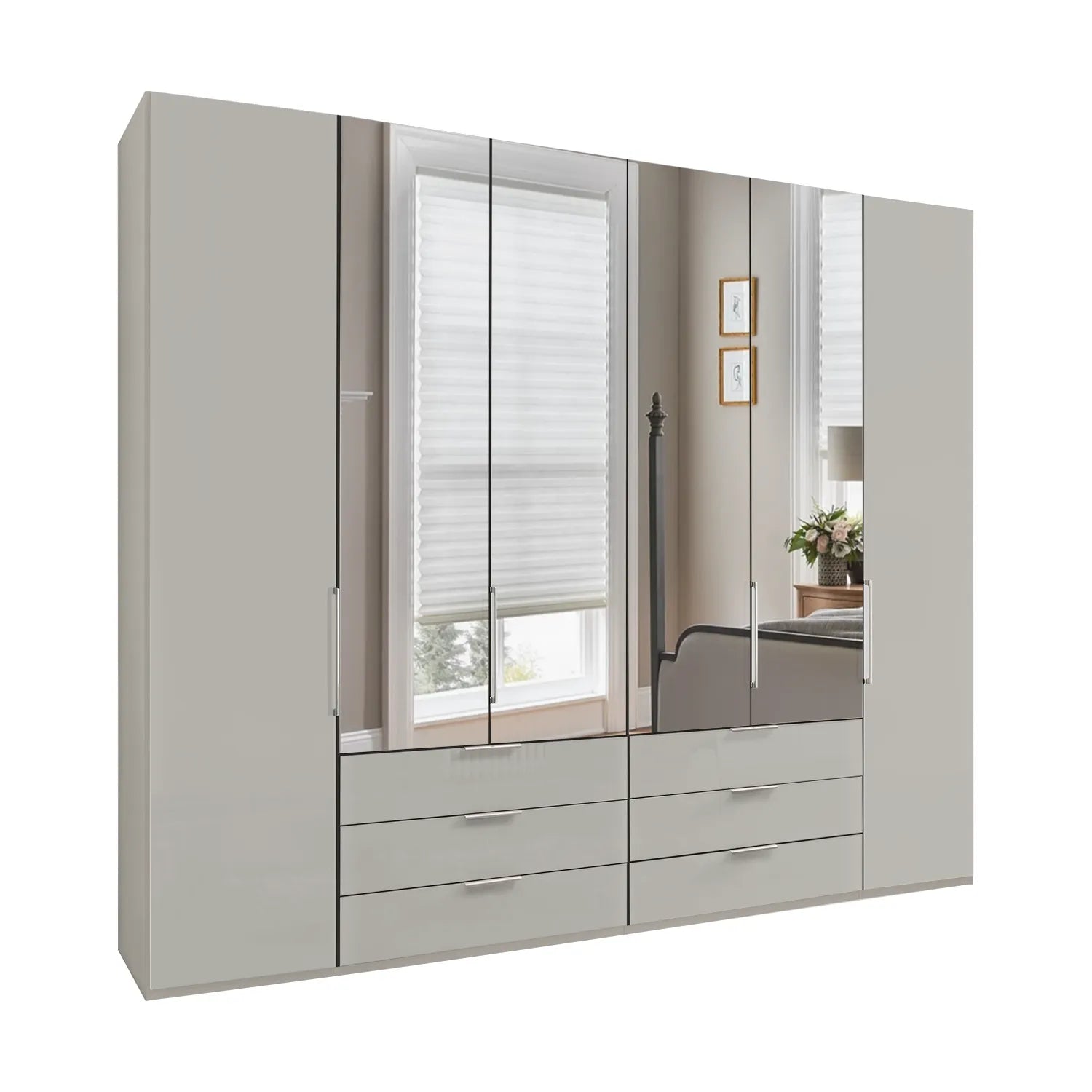 Templin 2000 Glass 6 Door 6 Drawer Wardrobe - W250cm - Side Angle View 