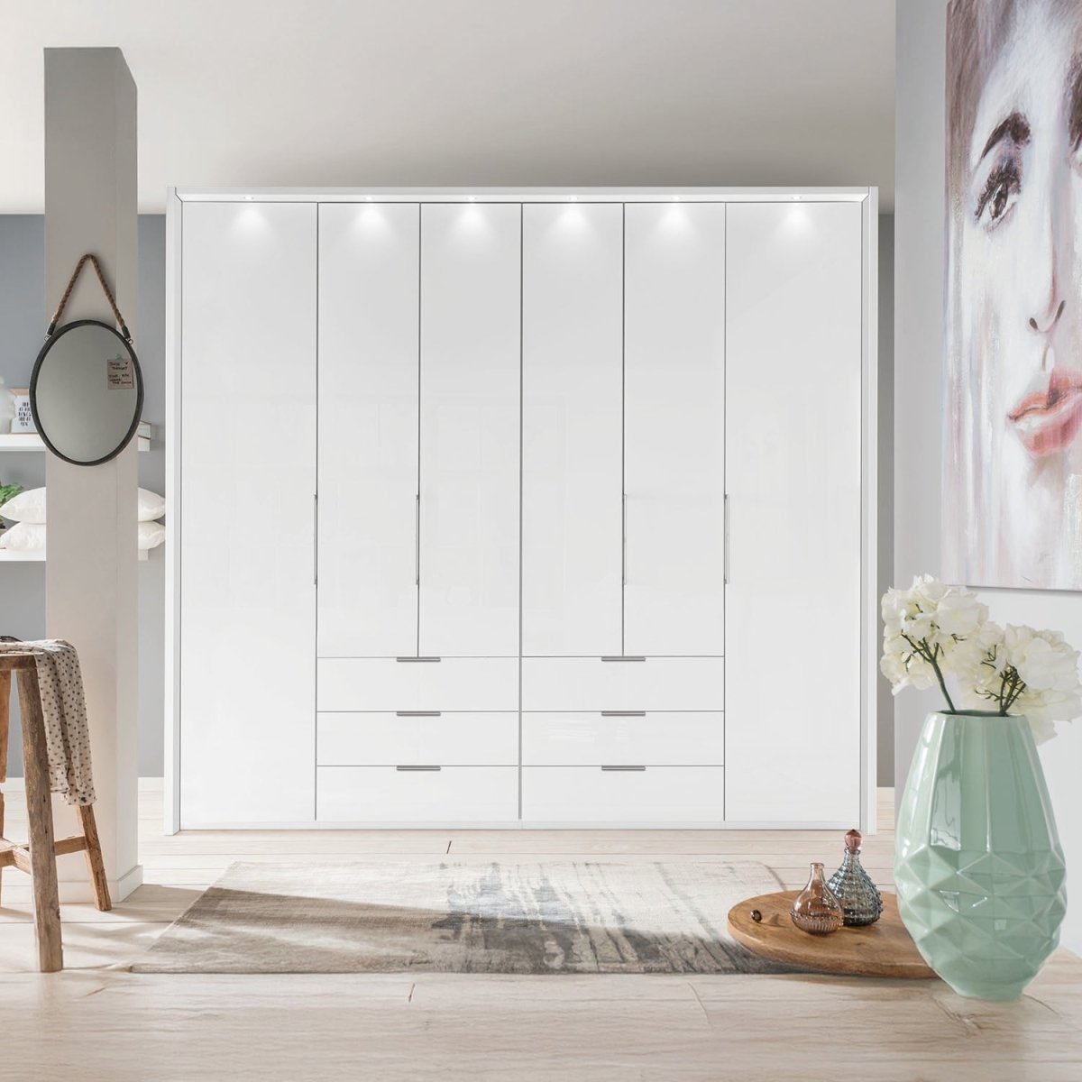Templin 2000 Glass 6 Door 6 Drawer Wardrobe - W250cm - front View Styled in a Room