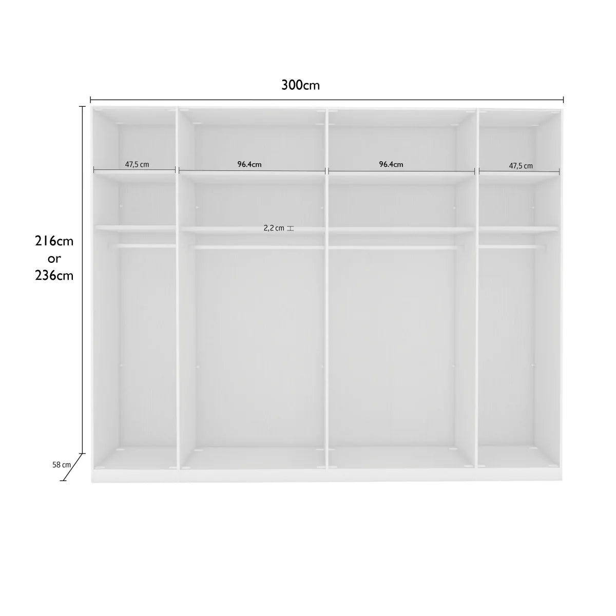 Templin Champagne 2000 Glass 6 Door 6 Drawer Wardrobe - W300cm - Interior Dimensions