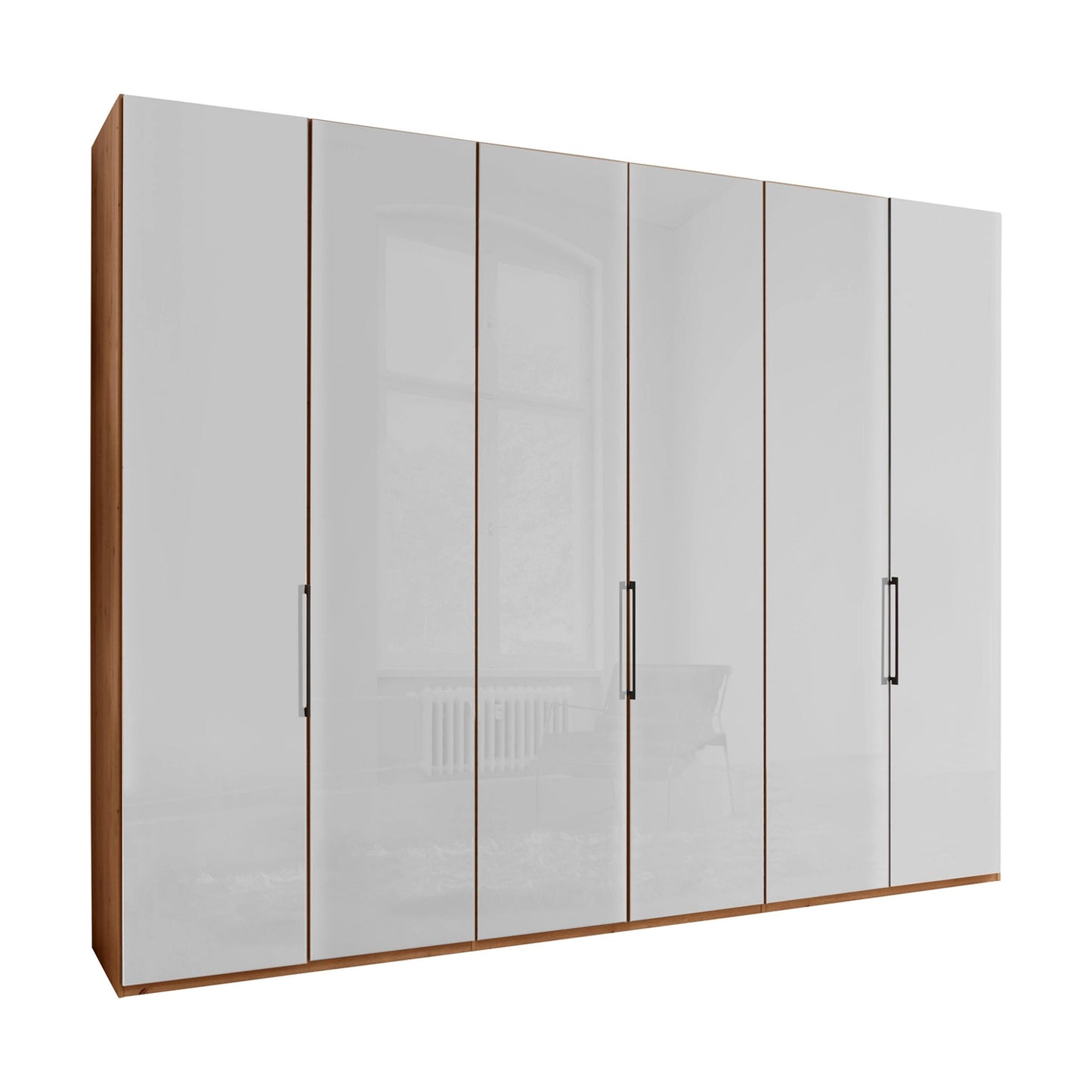 Templin 1000 6 Door Hinged Wardrobe in Bianco Oak Carcase & White Glass Front