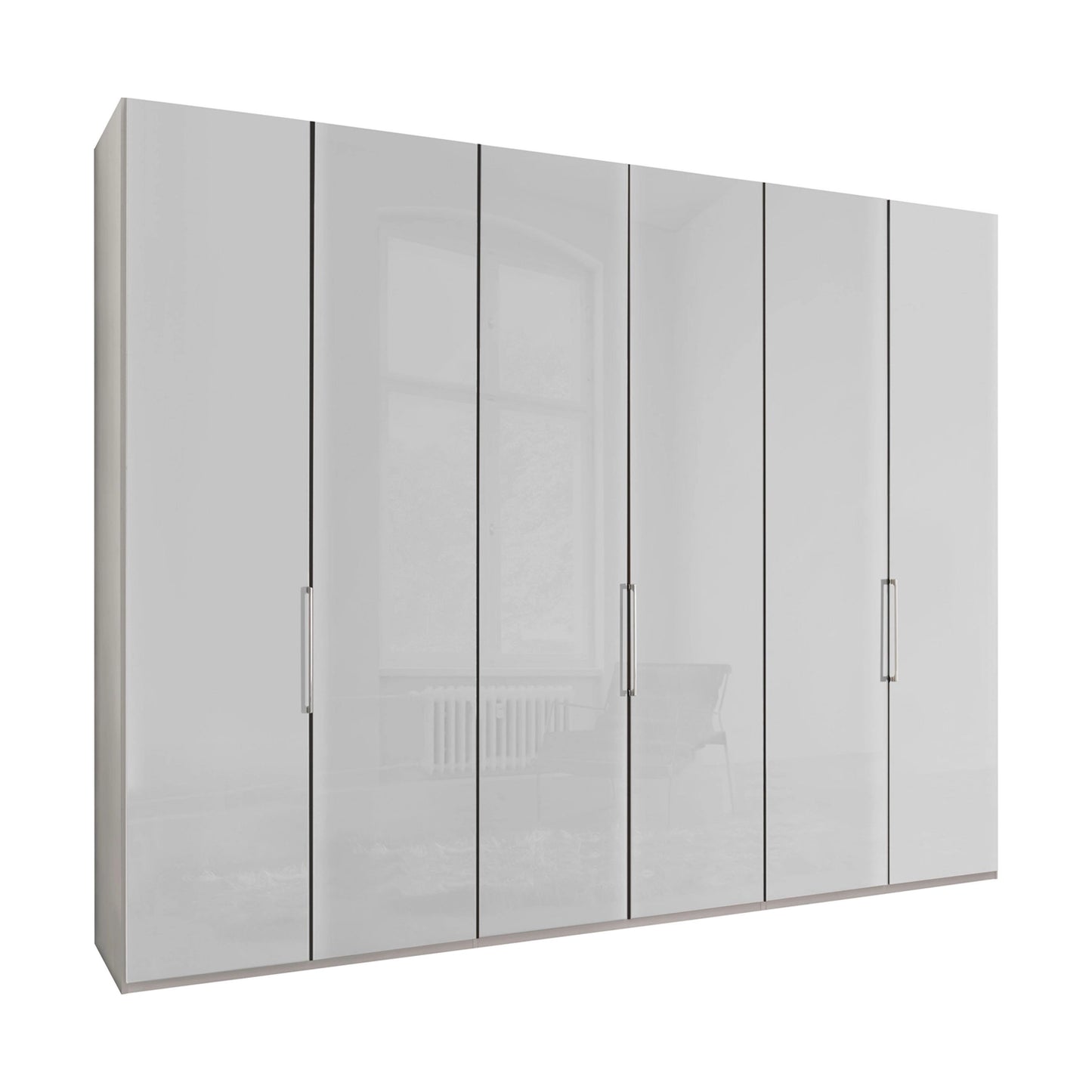 Templin 1000 6 Door Hinged Wardrobe in White Carcase & White Glass Front
