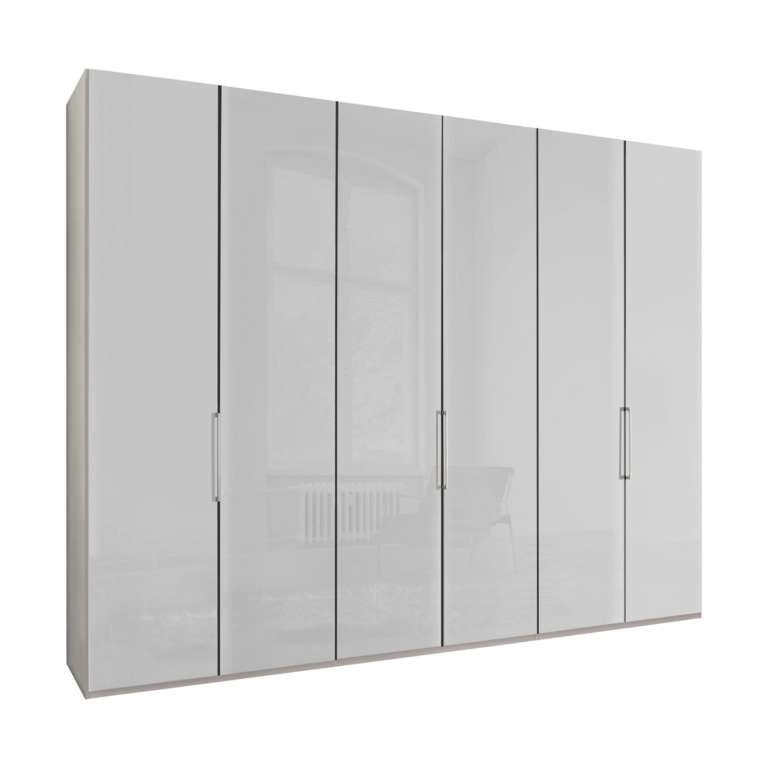 Templin 1000 6 Door Hinged Wardrobe in White Carcase & White Glass Front