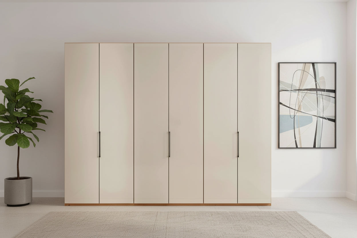 Templin 1000 6 Door Hinged Wardrobe in Bianco Oak Carcase & Champagne Glass Front