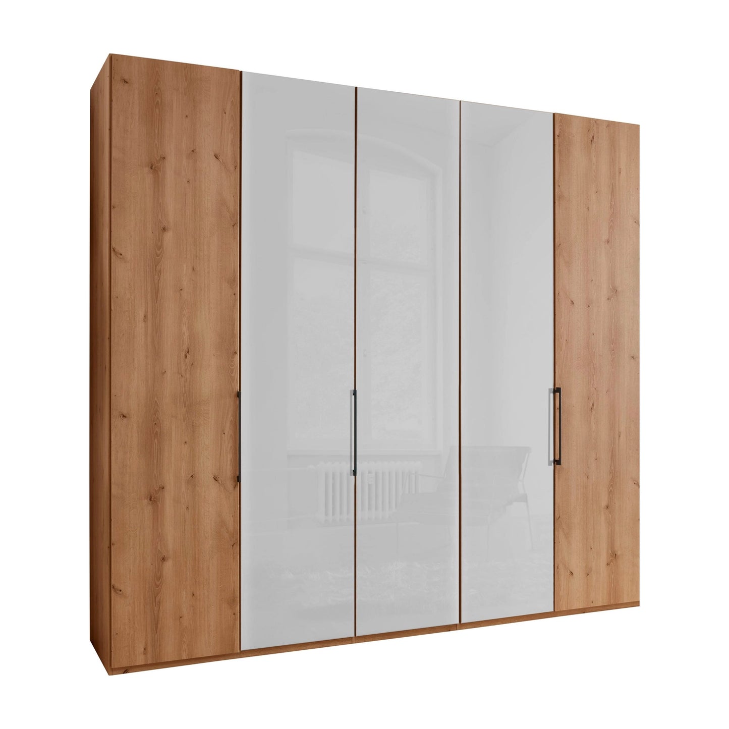 Templin 1000 Bianco Oak Carcase 5 Door Hinged Wardrobe in White Glass - 250cm