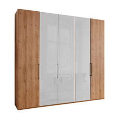 Templin 1000 Bianco Oak Carcase 5 Door Hinged Wardrobe in White Glass - 250cm