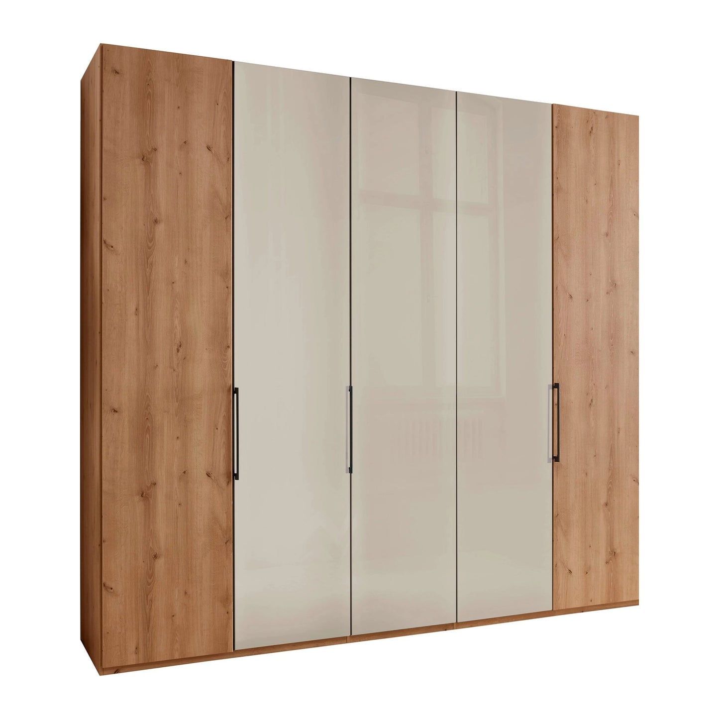 Templin 1000 Bianco Oak Carcase 5 Door Hinged Wardrobe in Champagne  Glass - 250cm