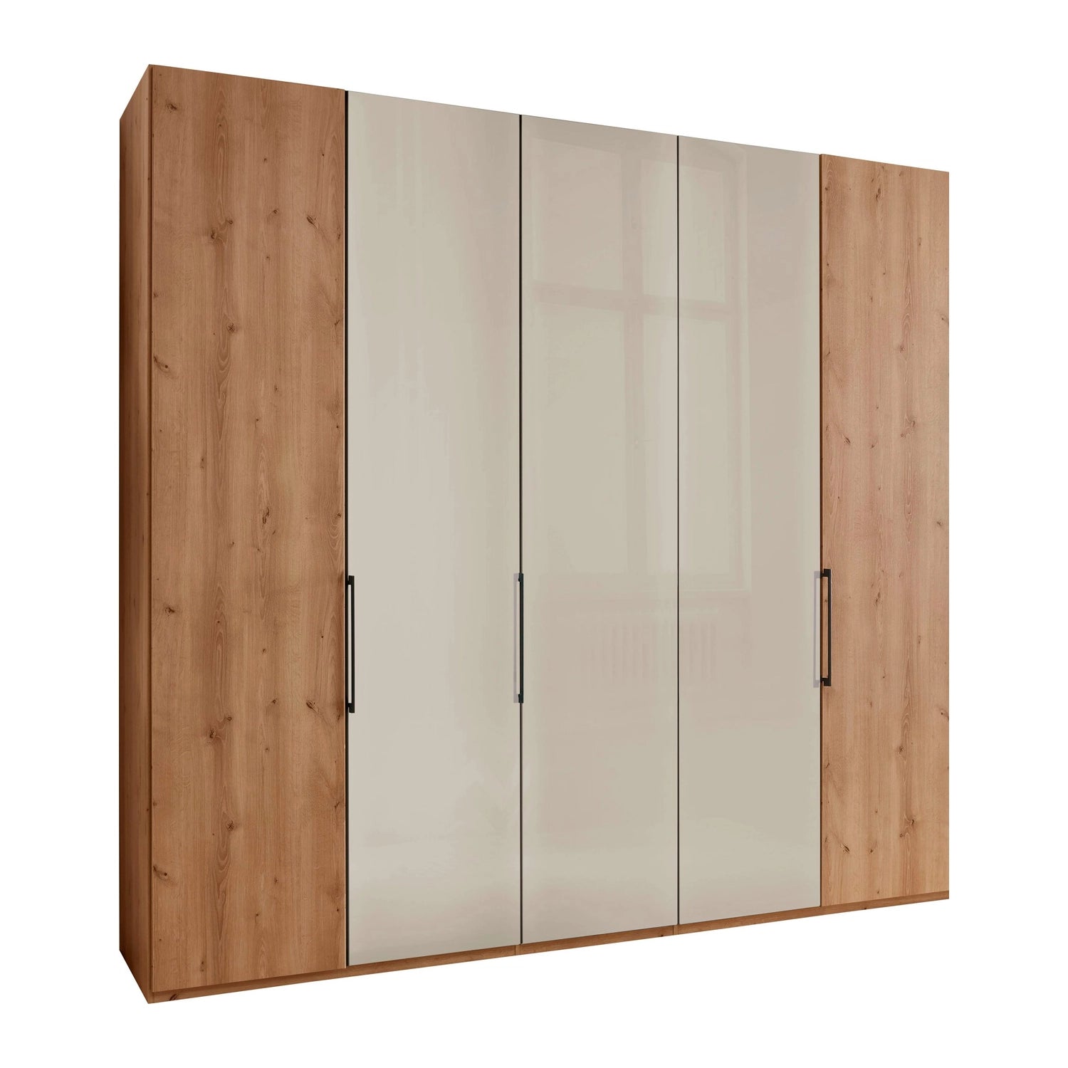 Templin 1000 Bianco Oak Carcase 5 Door Hinged Wardrobe in Champagne  Glass - 250cm