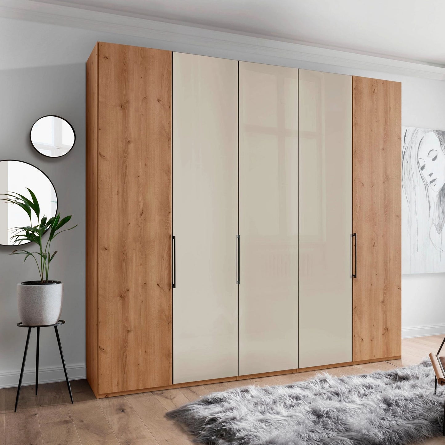 Templin 1000 Bianco Oak Carcase 5 Door Hinged Wardrobe in Champagne  Glass - 250cm - Styled in a Bedroom
