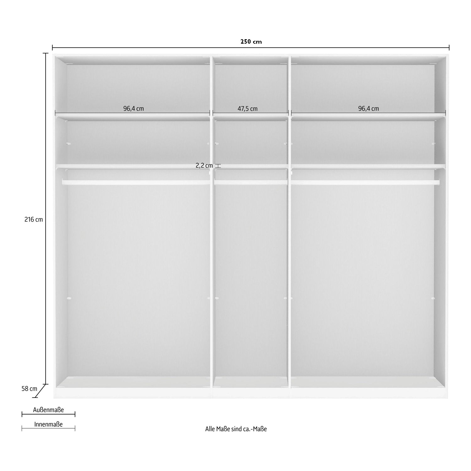 Templin 1000 Bianco Oak Carcase 5 Door Hinged Wardrobe - 250cm - Interior With Dimensions