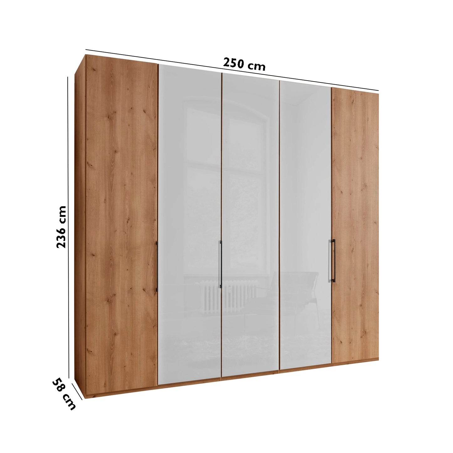 Templin 1000 Bianco Oak Carcase 5 Door Hinged Wardrobe - 250cm - Dimensions