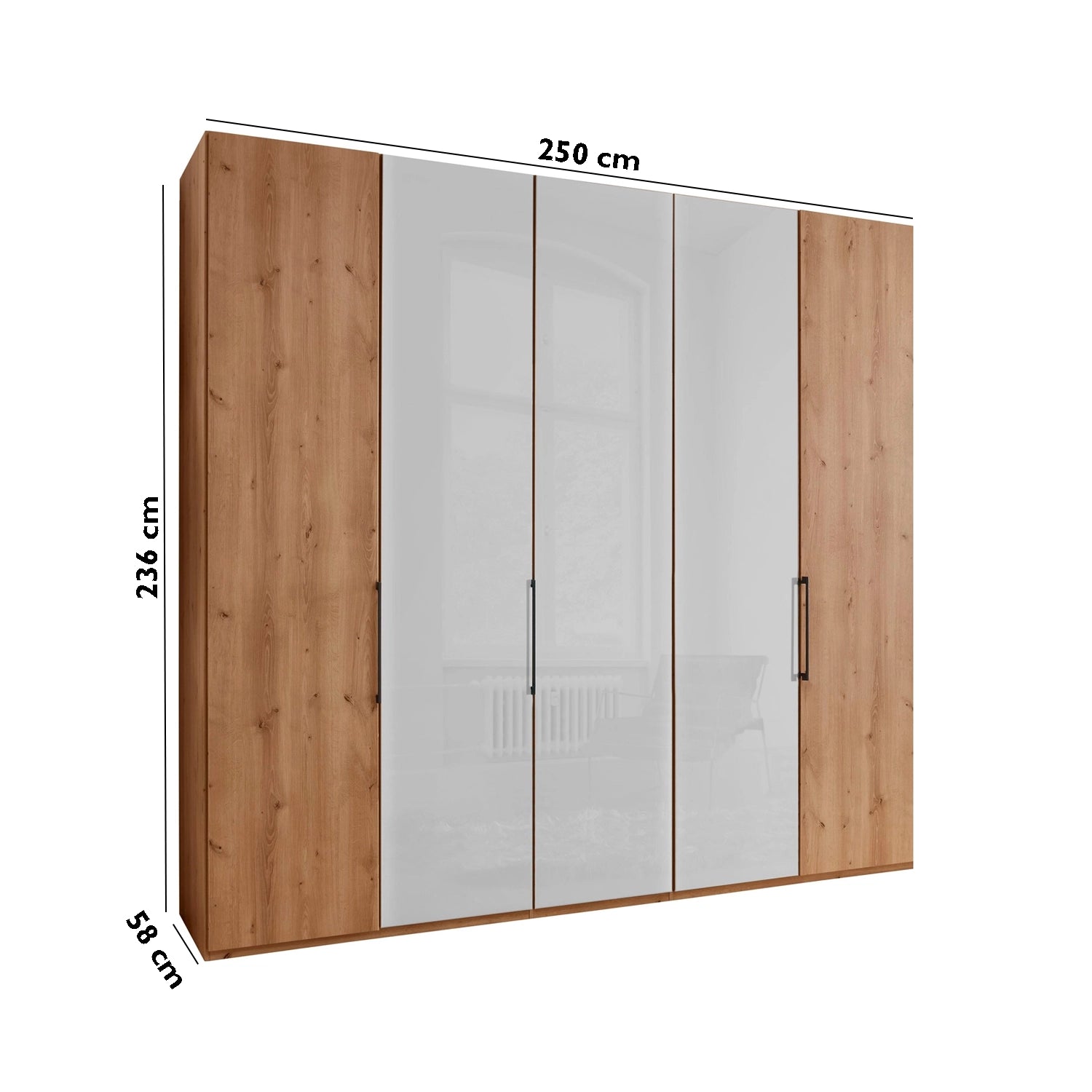 Templin 1000 Bianco Oak Carcase 5 Door Hinged Wardrobe - 250cm - Dimensions