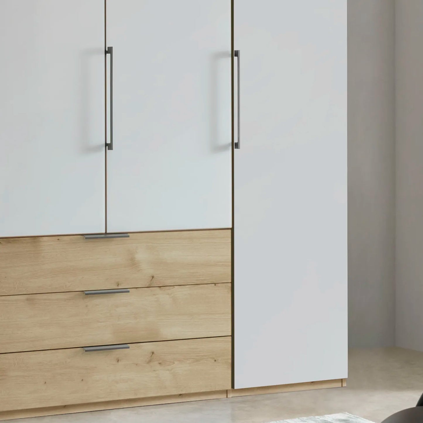 Templin 2000 Bianco Oak Carcase 6 Door 6 Drawer Wardrobe - W300cm - Drawers & Handle View