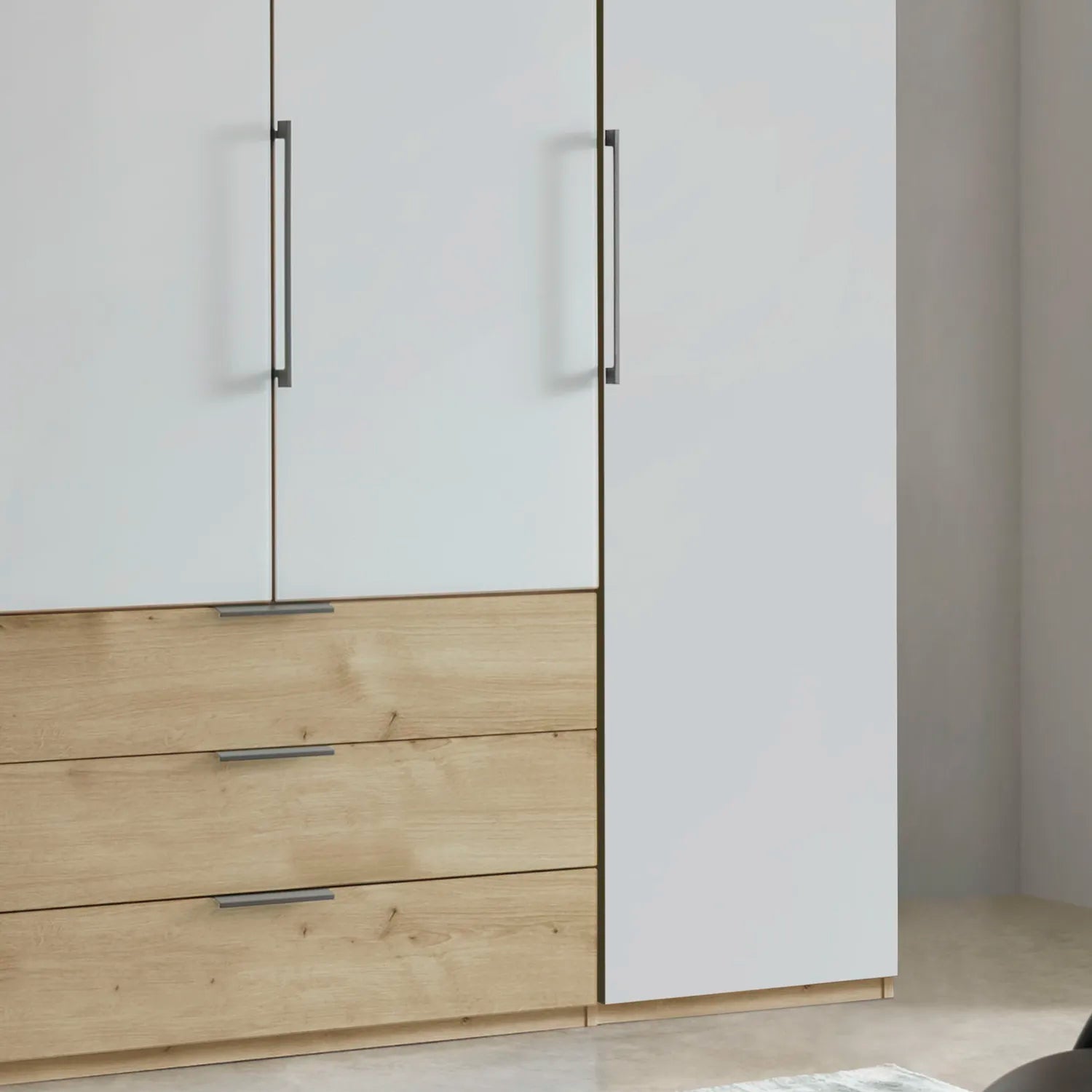 Templin 2000 Bianco Oak Carcase 6 Door 6 Drawer Wardrobe - W300cm - Drawers & Handle View