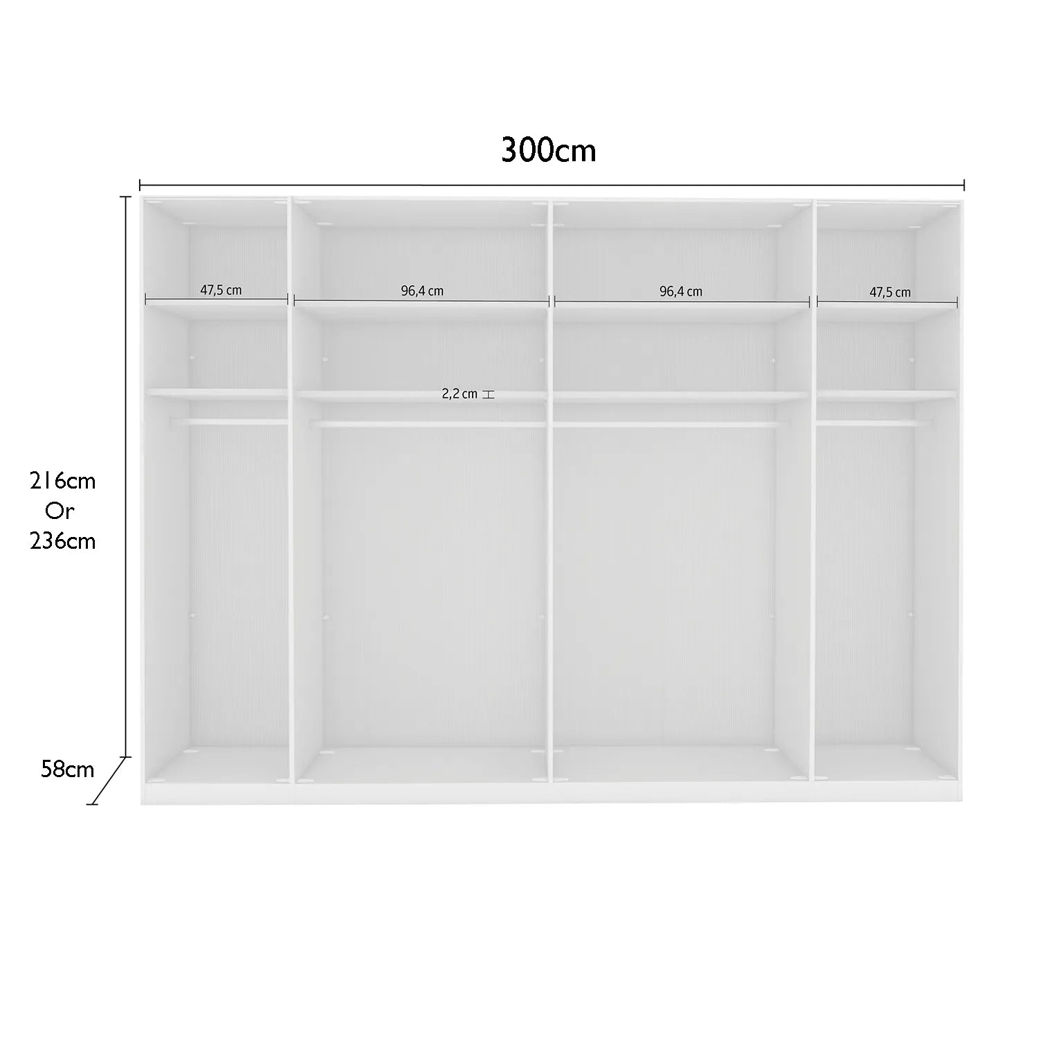 Templin 2000 Bianco Oak Carcase 6 Door 6 Drawer Wardrobe - W300cm - Interior View With Dimensions