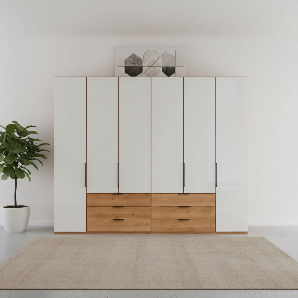 Templin 1000 Bianco Oak Carcase 6 Door 6 Drawer Hinged Wardrobe W300cm
