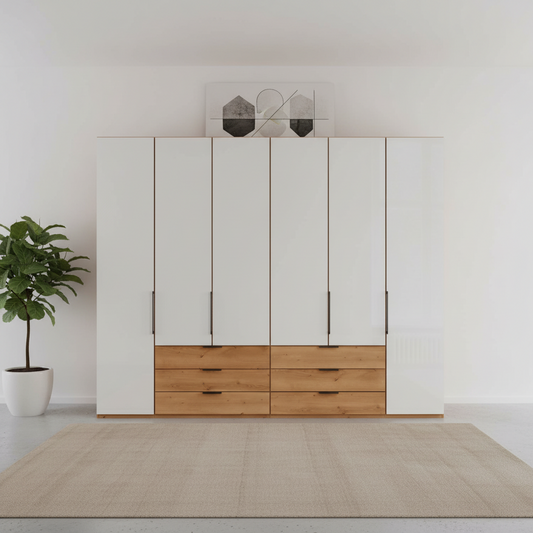 Templin 1000 Bianco Oak Carcase 6 Door 6 Drawer Hinged Wardrobe W300cm