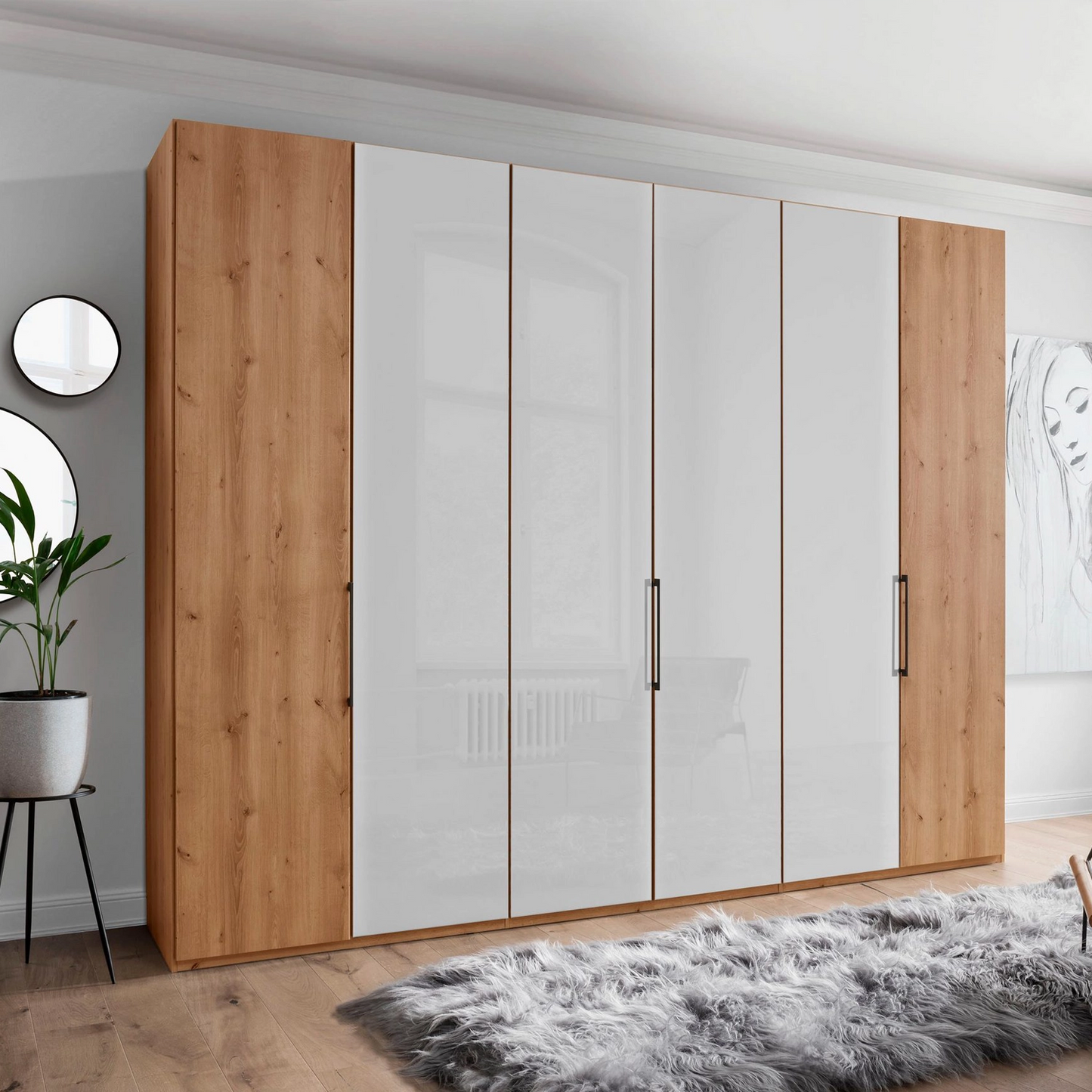 Templin 1000 Bianco Oak Carcase 6 Door Hinged Wardrobe in White Glass - 300cm - Styled in a Bedroom