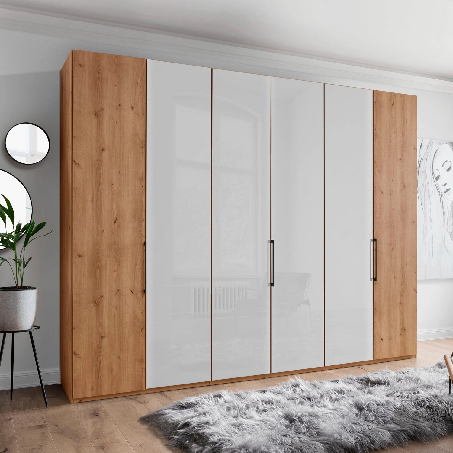 Templin 1000 Bianco Oak Carcase 6 Door Hinged Wardrobe in White Glass - 300cm - Styled in a Bedroom