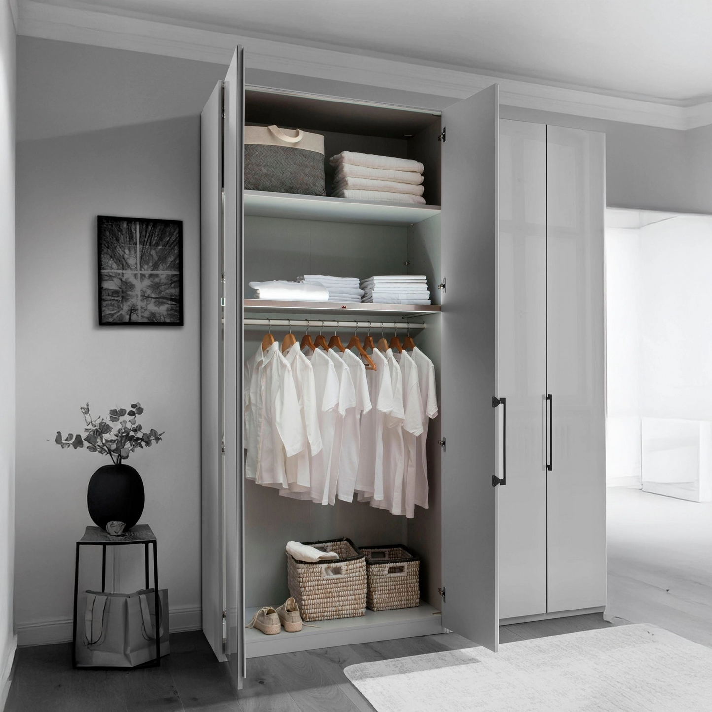 Templin 1000 Bianco Oak Carcase 6 Door Hinged Wardrobe in White Glass - 300cm - Interior View Styled in a Living Room
