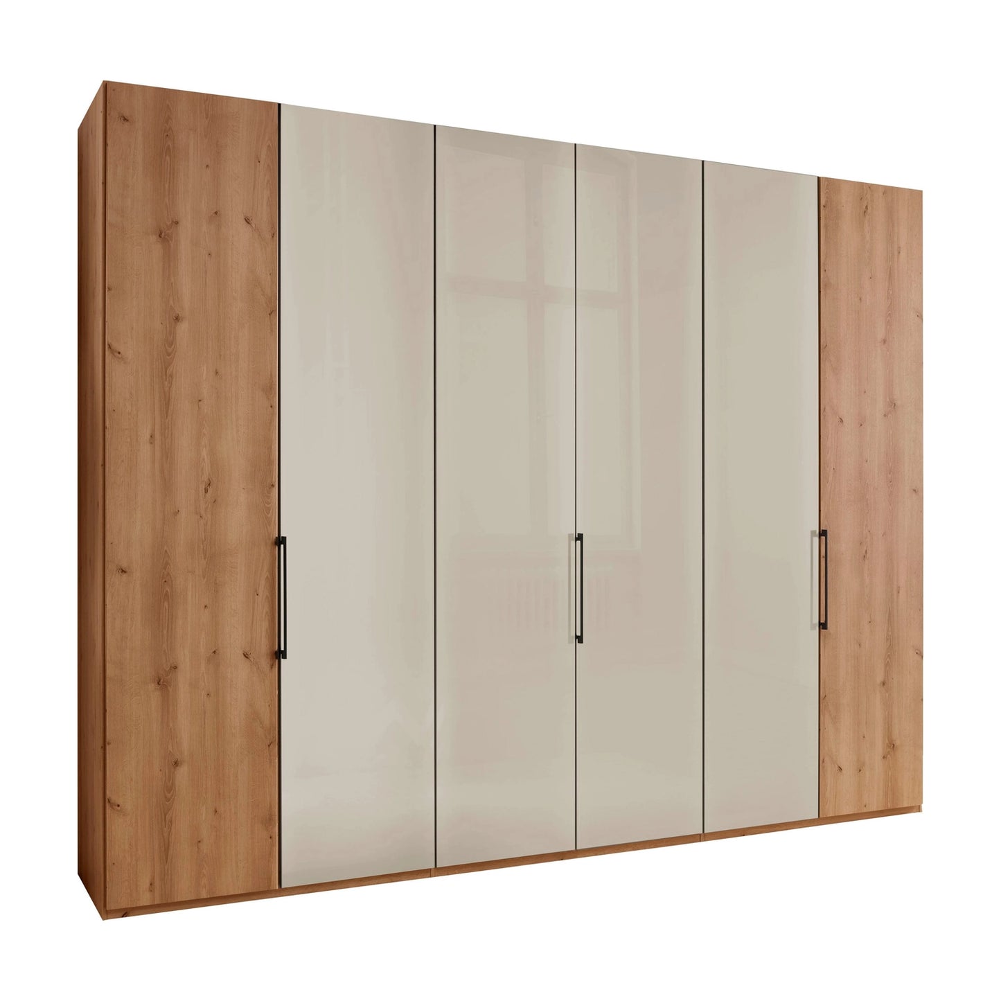 Templin 1000 Bianco Oak Carcase 6 Door Hinged Wardrobe in Champagne  Glass - 300cm