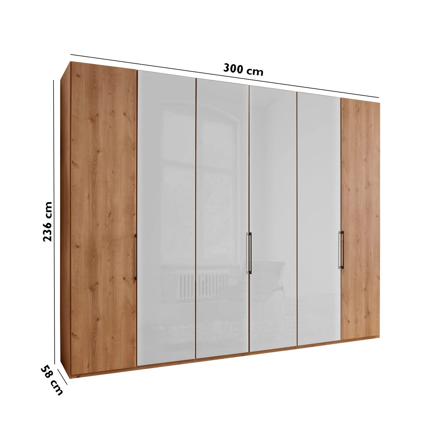 Templin 1000 Bianco Oak Carcase 6 Door Hinged Wardrobe - 300cm - Dimensions