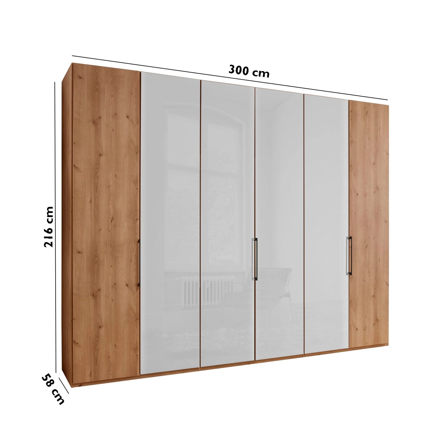 Templin 1000 Bianco Oak Carcase 6 Door Hinged Wardrobe - 300cm - Dimensions 
