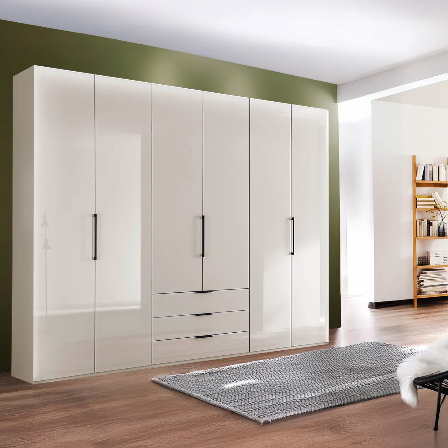 Templin 2000 Champagne Glass 6 Door 3 Drawers 225cm Bifold Wardrobe - Styled in a Room