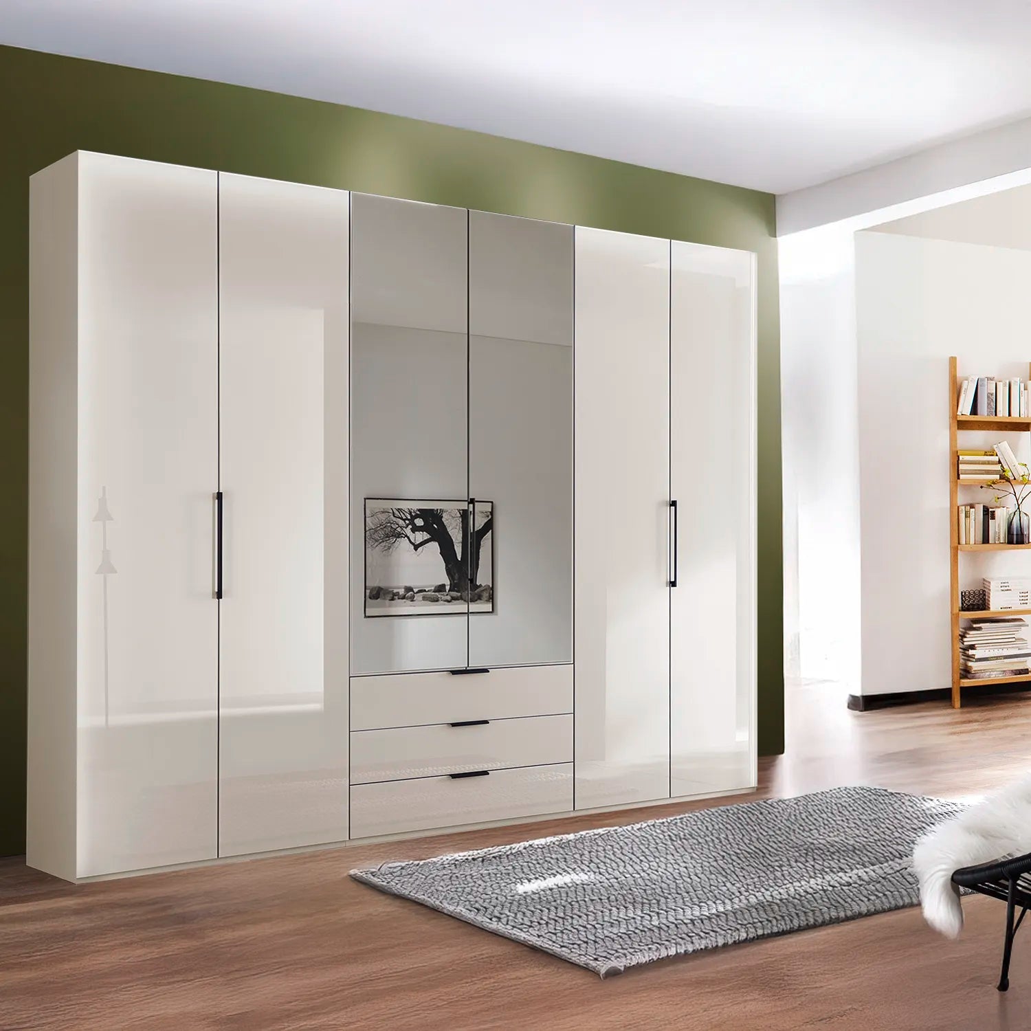 Templin 2000 Champagne Glass 6 Door 3 Drawers 225cm Bifold Wardrobe With Mirror - Styled in a Room