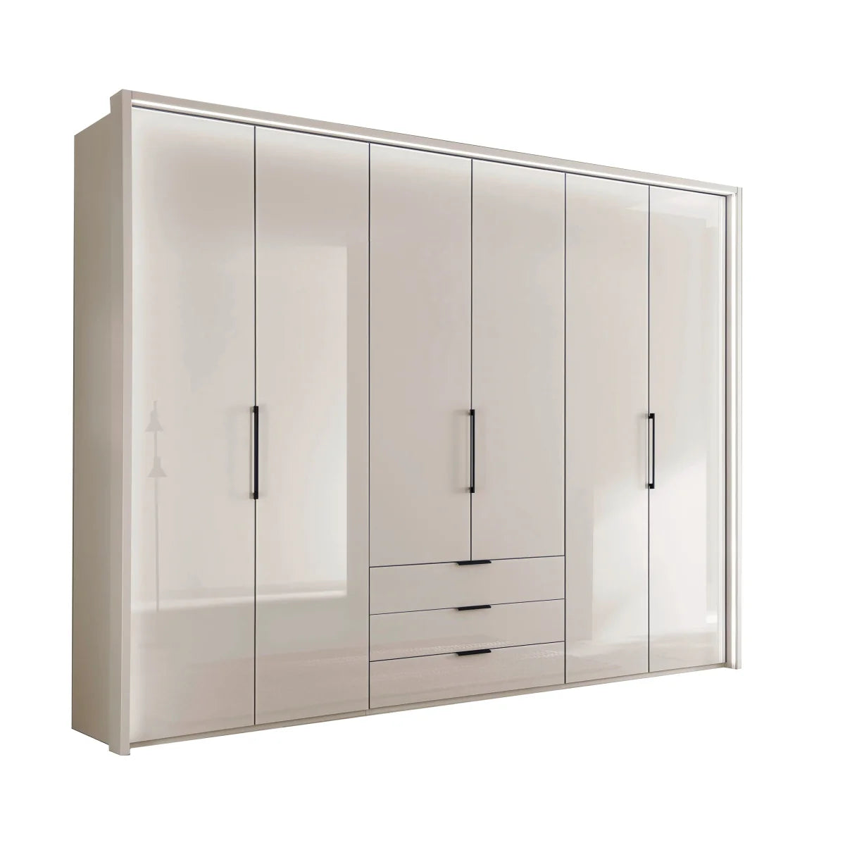Templin 2000 Champagne Glass 6 Door 3 Drawers 225cm Bifold Wardrobe - Side Angle View