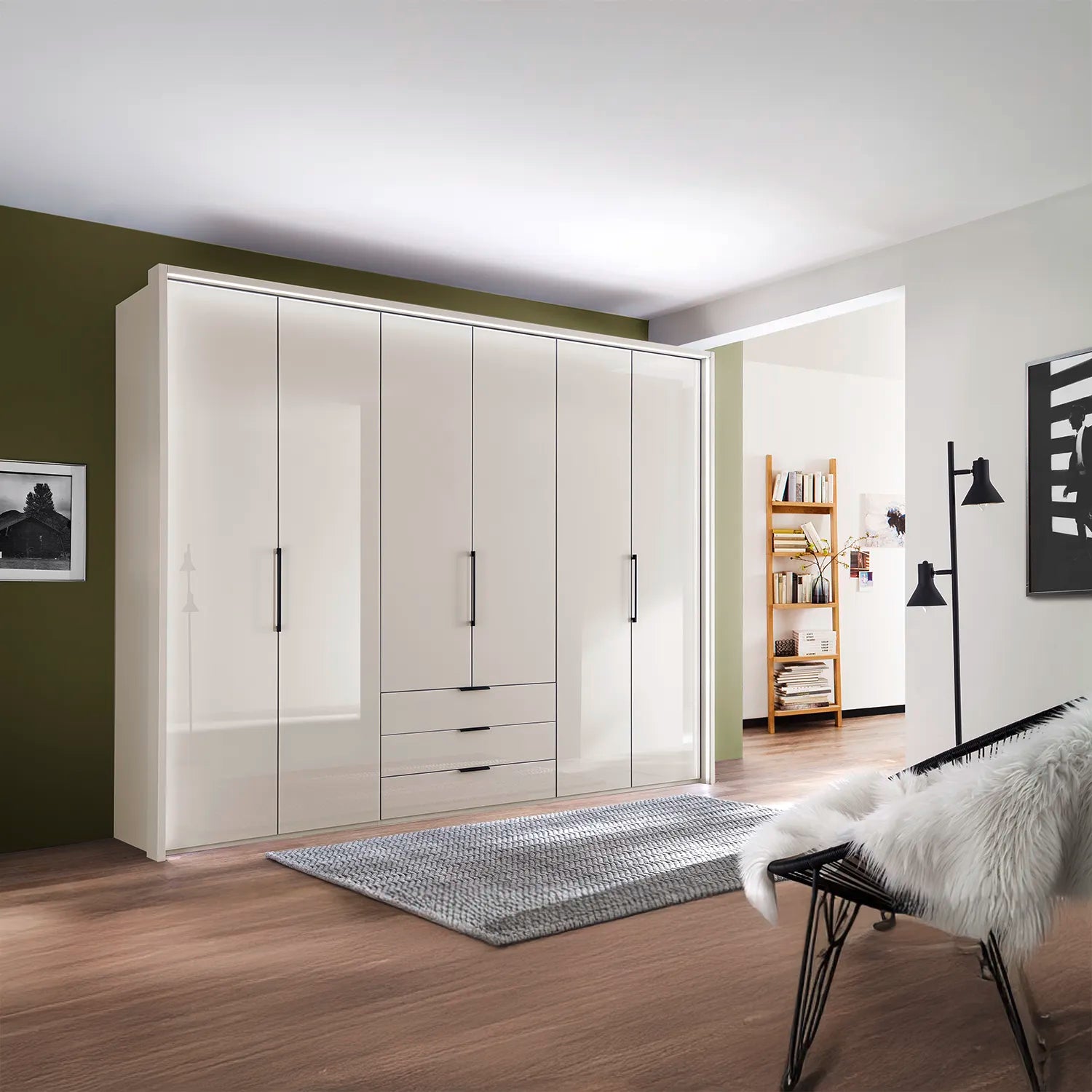 Templin 2000 Champagne Glass 6 Door 3 Drawers 300cm Wardrobe - Styled in a Bedroom