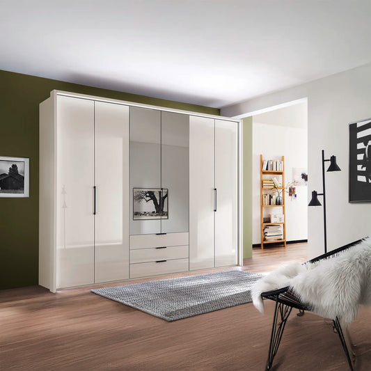 Templin 2000 Champagne Glass 6 Door 3 Drawers 300cm Wardrobe With Mirror - Styled in a Bedroom